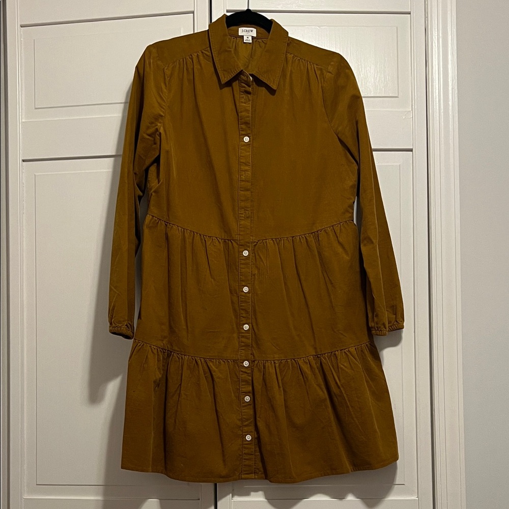 Tan Corduroy Button-Down Tiered Dress